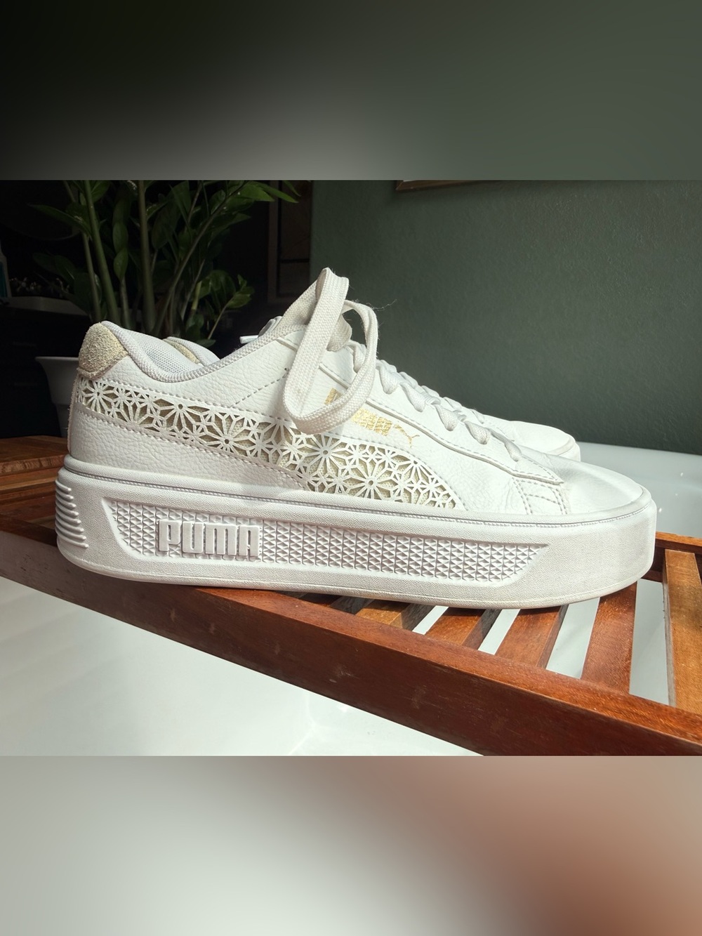 Puma White Laser-Cut Floral Platform Sneakers